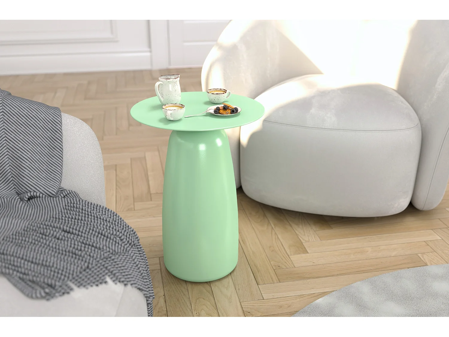 Stolik drewniany różne kolory Kayani Baobab 44, śr. 32,5 cm, pudrowa zieleń