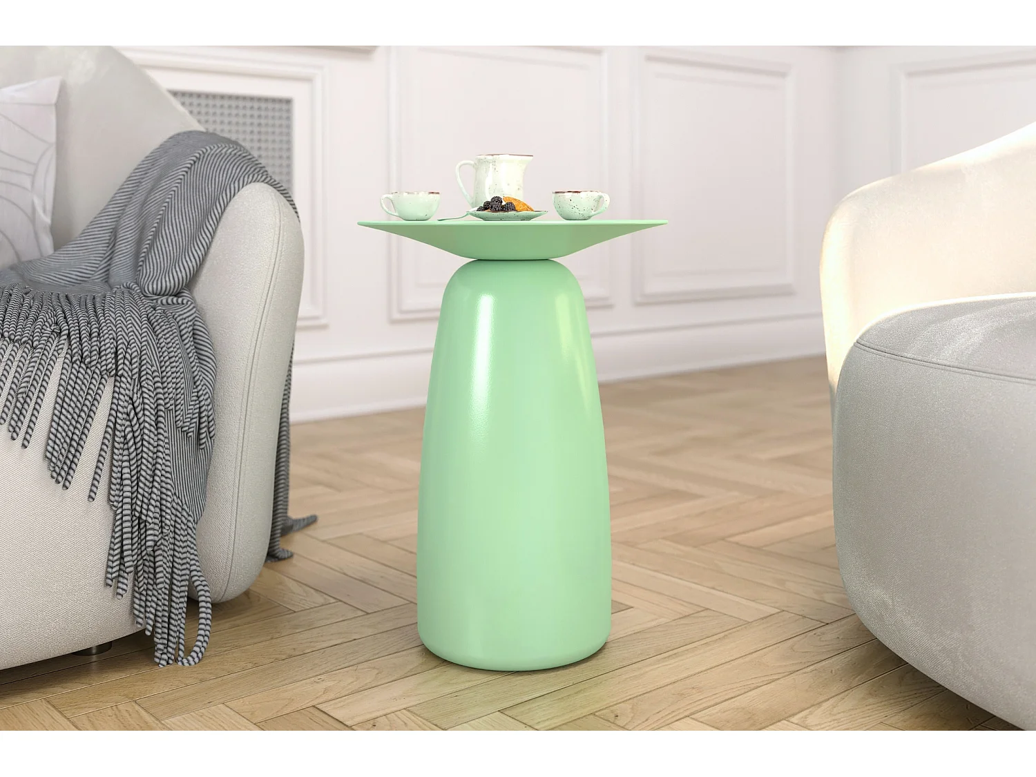 Stolik drewniany różne kolory Kayani Baobab 44, śr. 32,5 cm, pudrowa zieleń