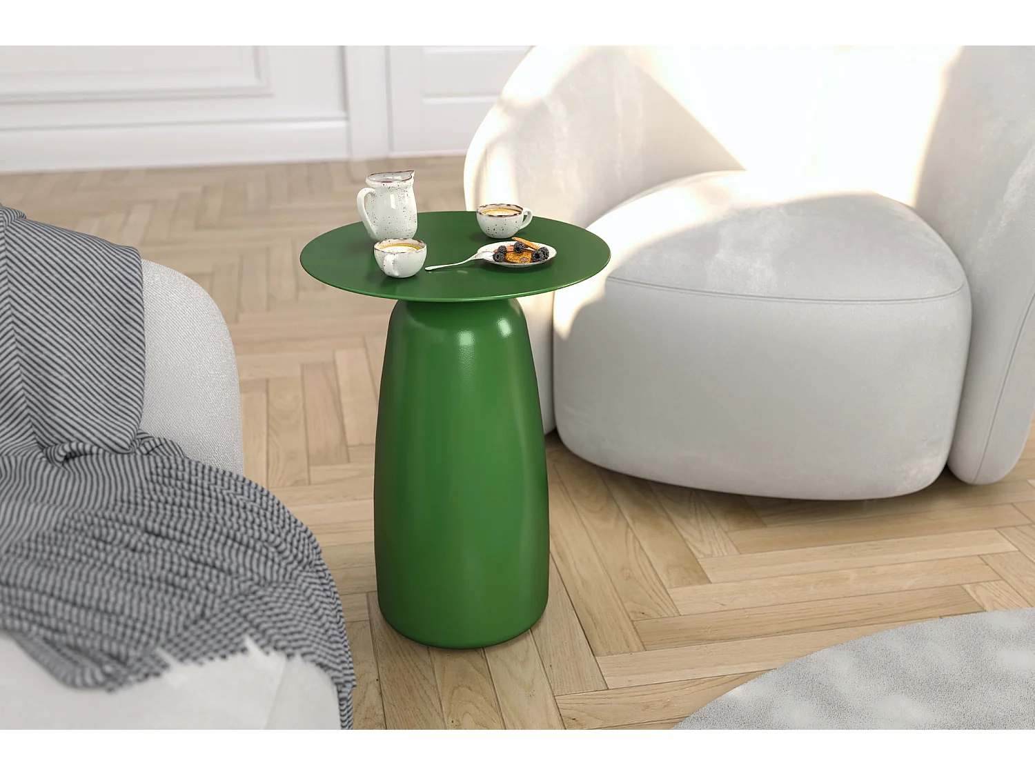 Stolik drewniany różne kolory Kayani Baobab 44, śr. 32,5 cm, groszkowa zieleń