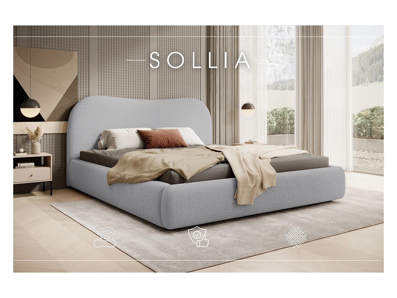 LIT CAPITONNÉ avec coffre de lit Sollia 180x200 cm, Gris