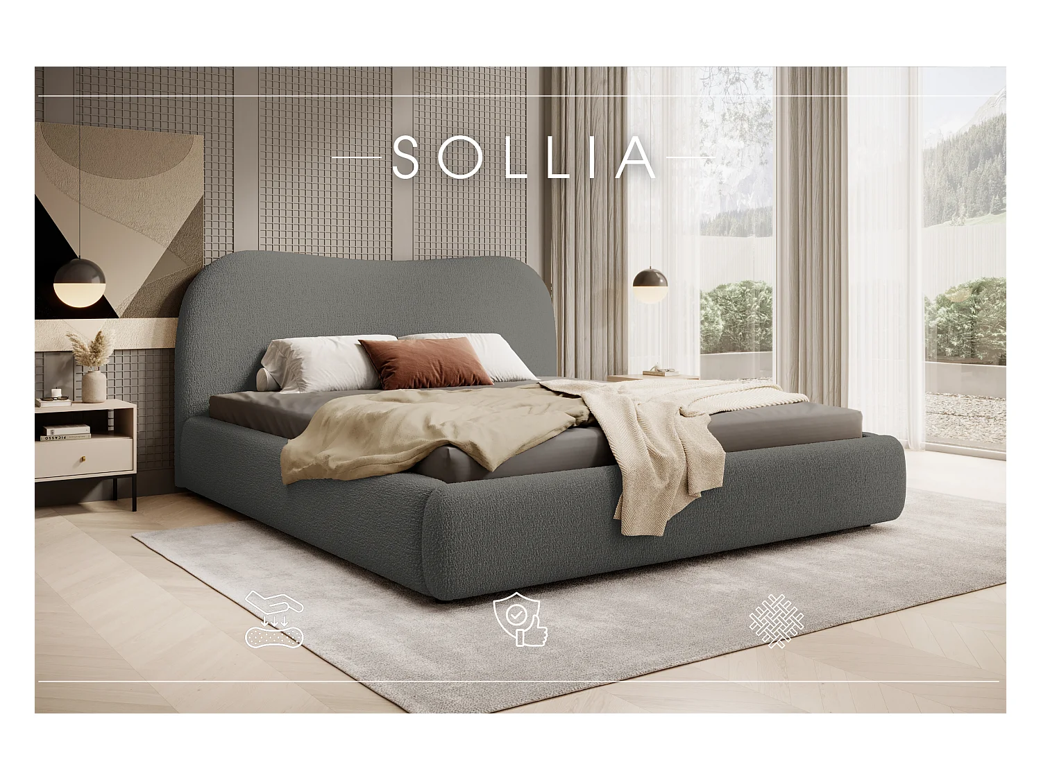 LIT CAPITONNÉ avec coffre de lit Sollia 160x200 cm, Gris/Marron