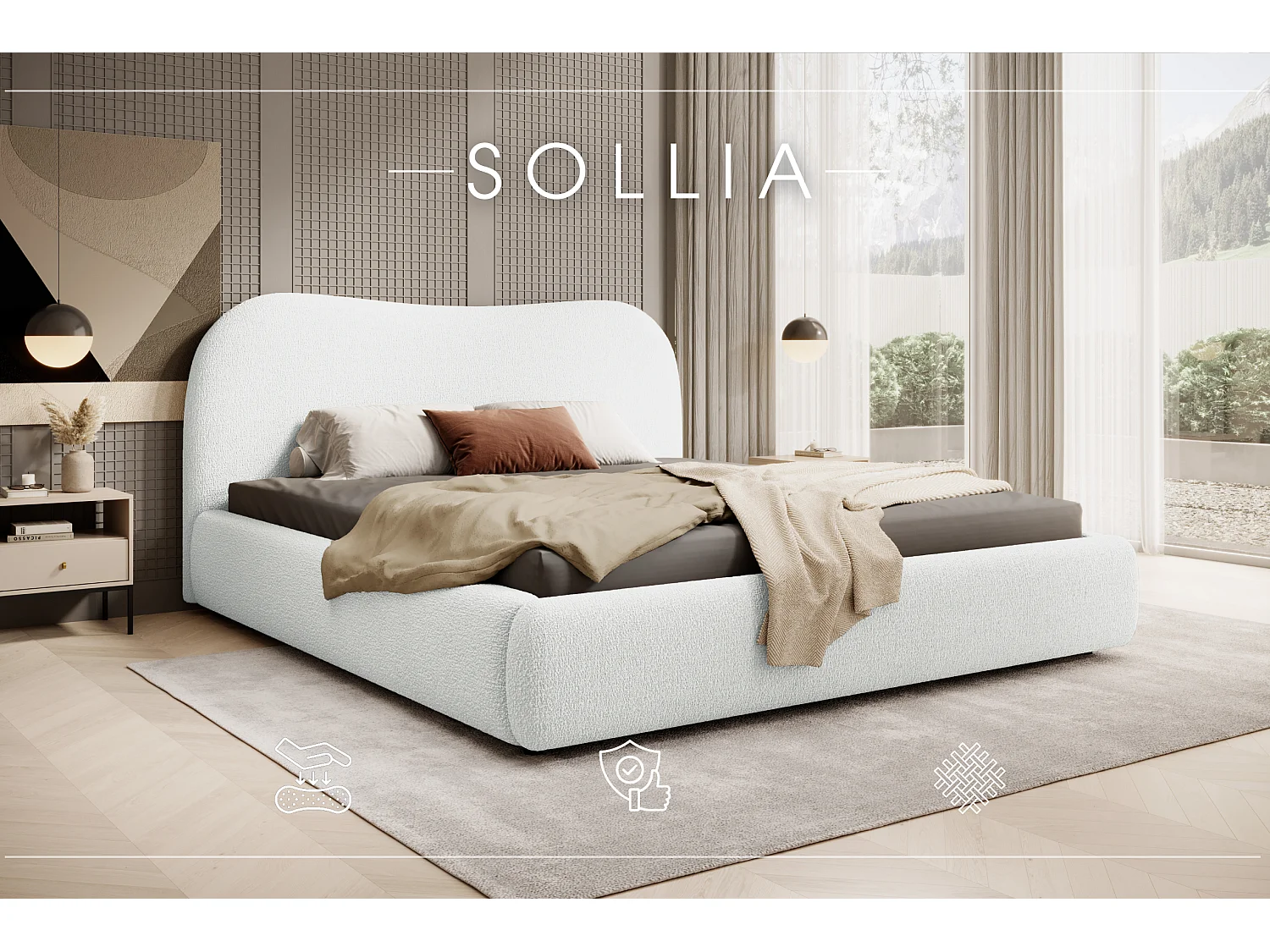 LIT CAPITONNÉ avec coffre de lit Sollia 180x200 cm, Crème