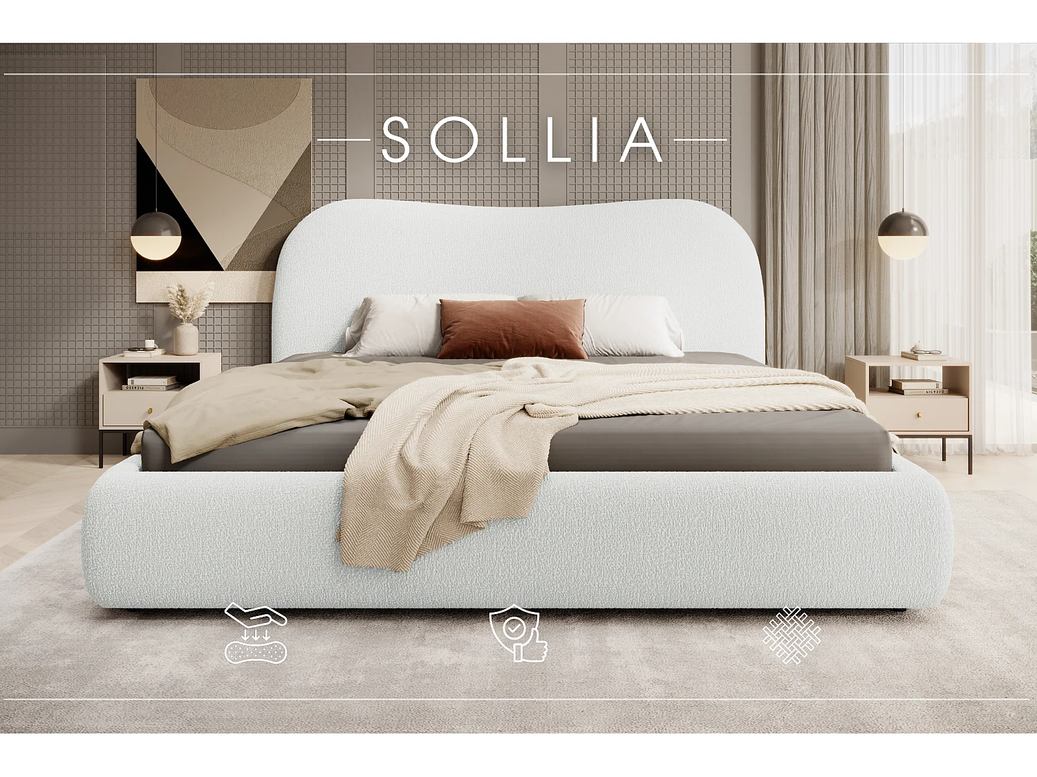 LIT CAPITONNÉ avec coffre de lit Sollia 180x200 cm, Crème