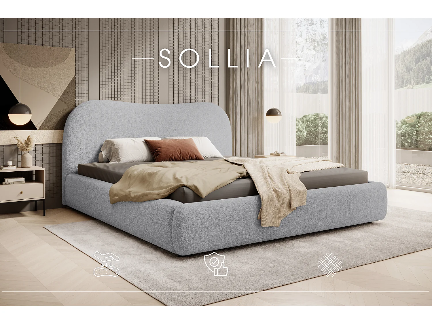 LIT CAPITONNÉ avec coffre de lit Sollia 140x200 cm, Gris