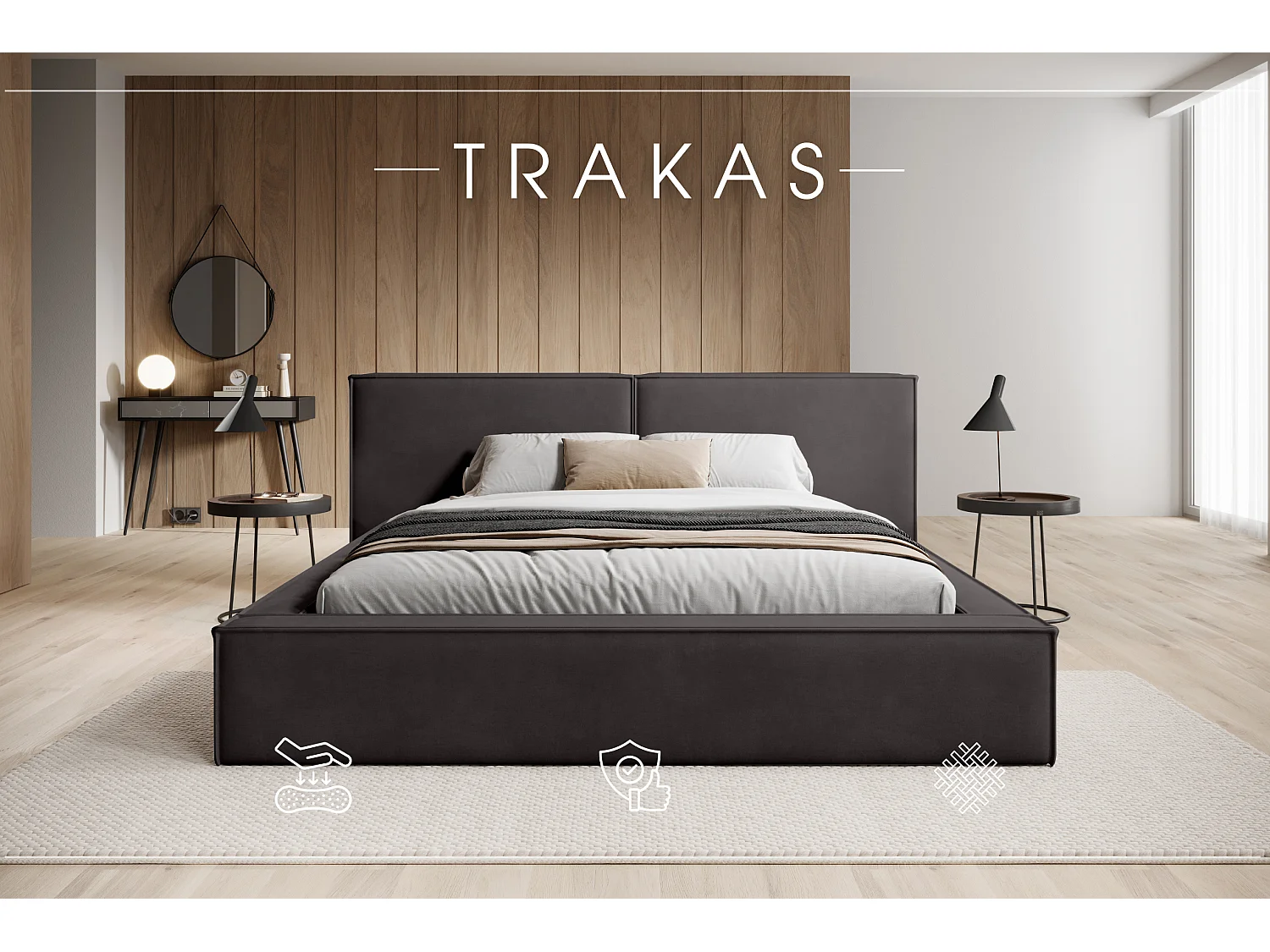 LIT CAPITONNÉ avec coffre de lit Trakas 200x200 cm, gris foncé