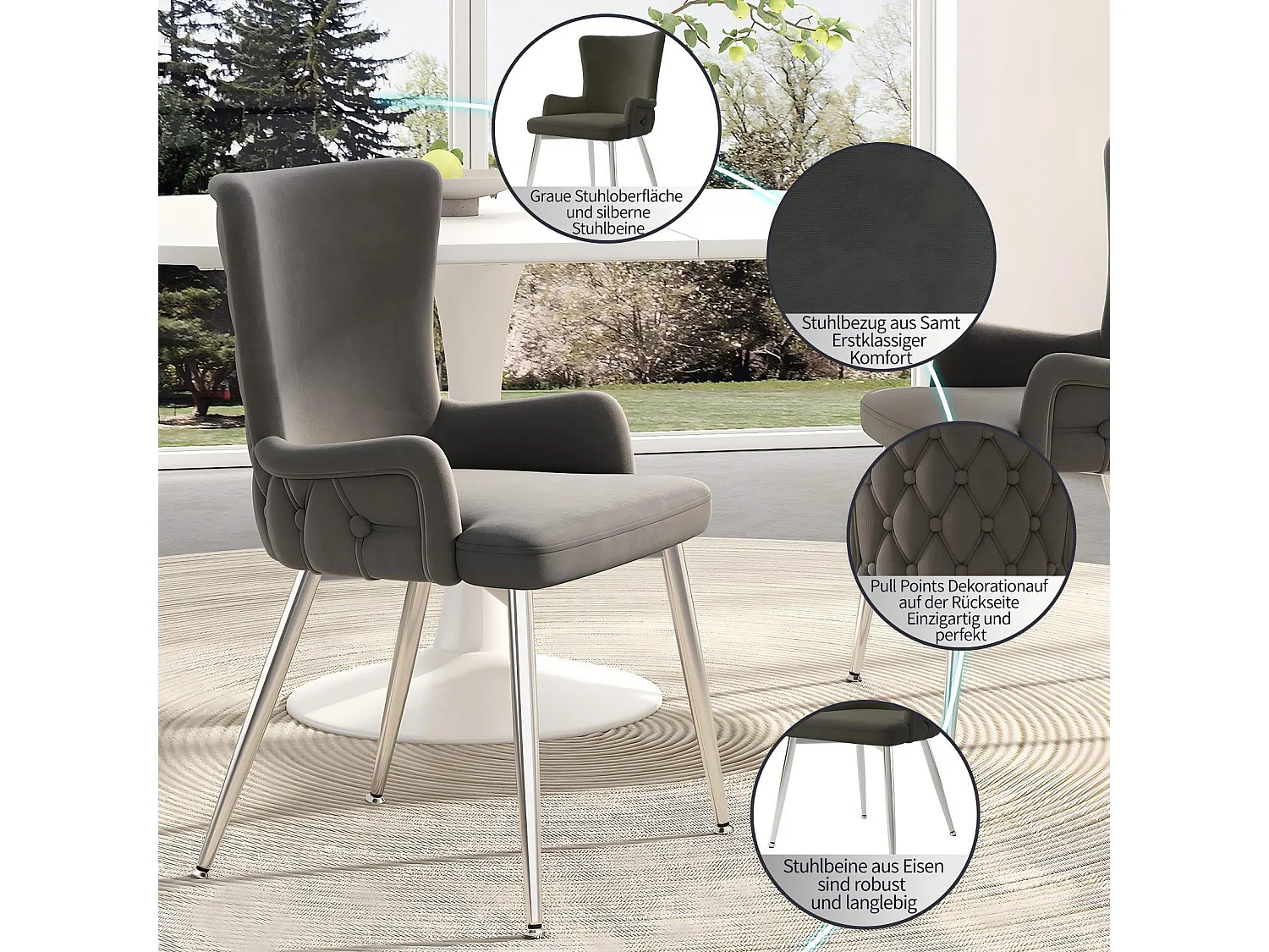 Conjunto de 6 sillas de terciopelo, con 4 pies de metal, carga máxima de 120 kg, 55x48x84cm, gris