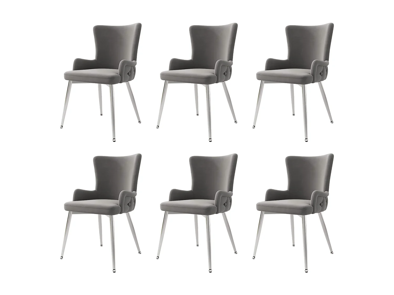 Lot de 6 chaises en velours, avec 4 pieds métallique, charge max 120kg, 55x48x84cm, Gris
