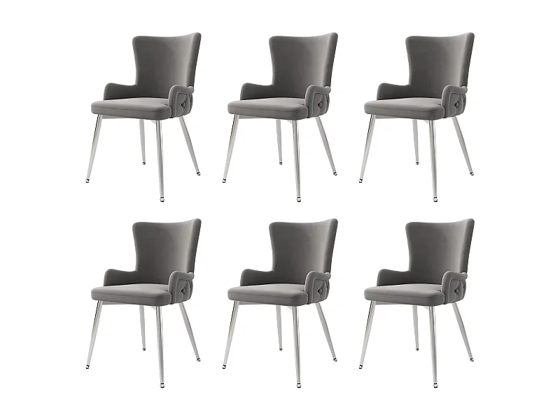 Set van 6 stoelen van fluweel, met 4 metalen poten, max. belasting 120kg, 55x48x84cm, Grijs