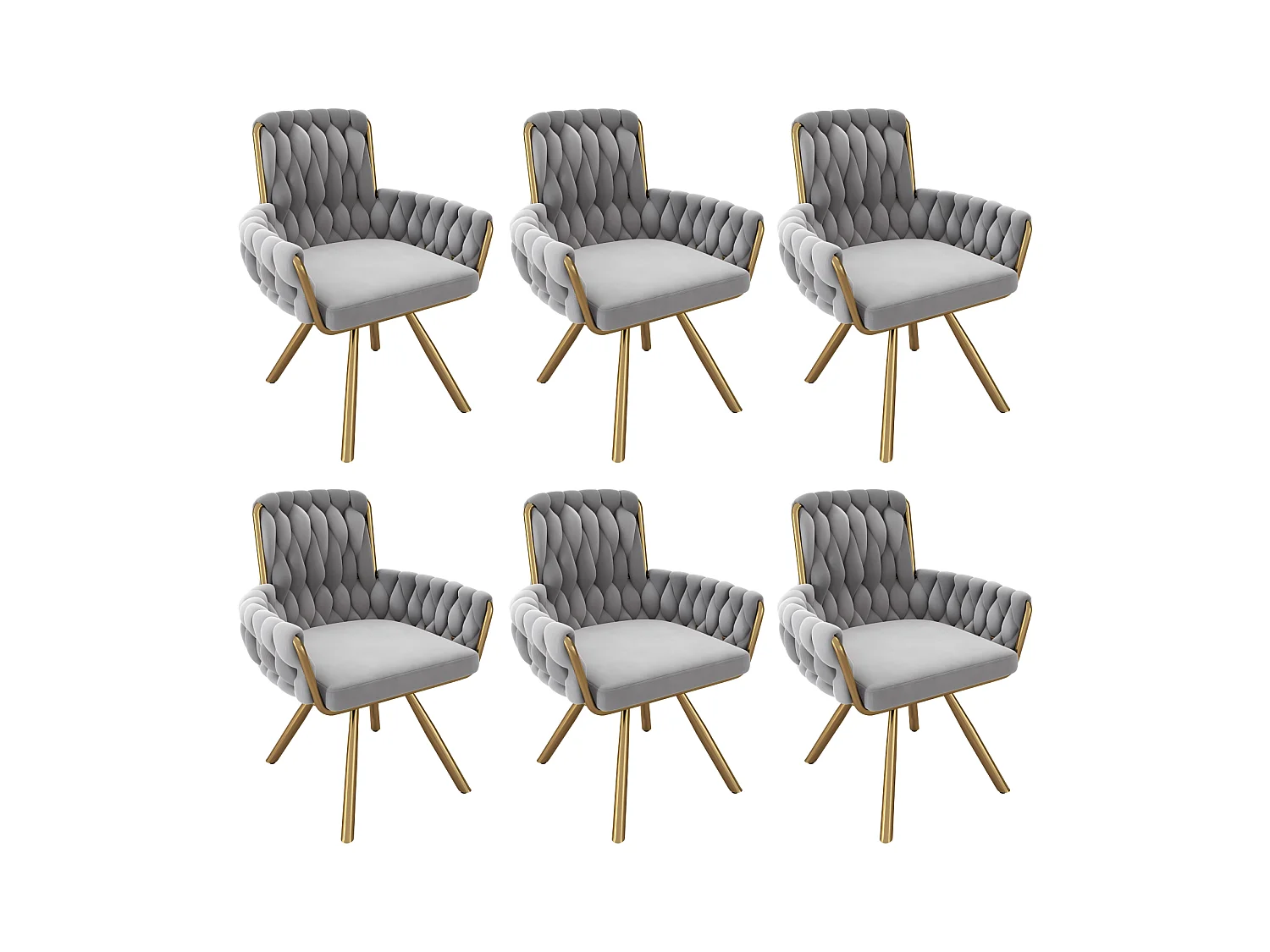 6pcs Schwenk Samtstuhl mit Armlehnen und Metallfüßen, geräumige Rückenlehne, Grau, 63x50 x 87 cm