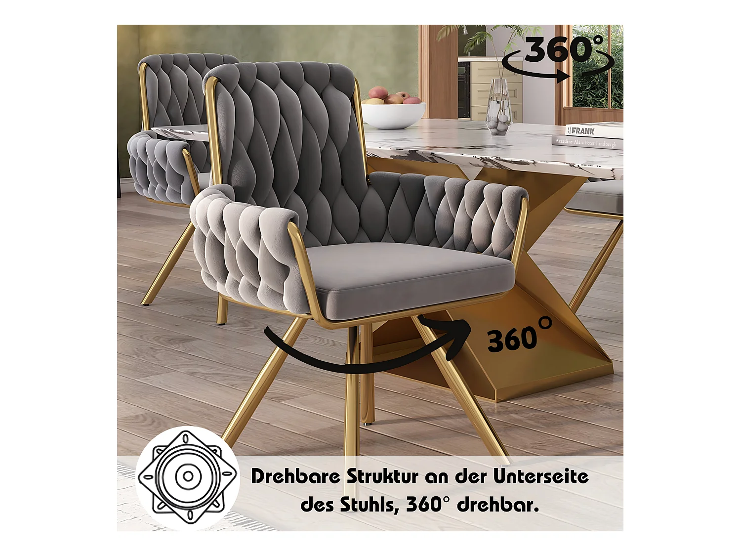 6Pcs Chaise pivotante en velours, avec accoudoirs et pieds en métal, dossier spacieux, Gris, 63x50x87cm