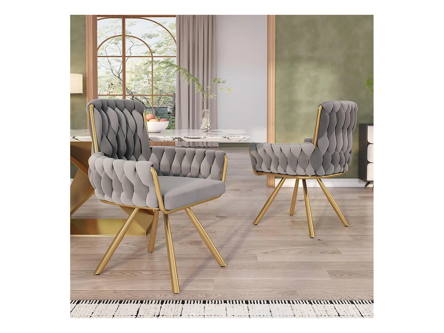 6Pcs Chaise pivotante en velours, avec accoudoirs et pieds en métal, dossier spacieux, Gris, 63x50x87cm