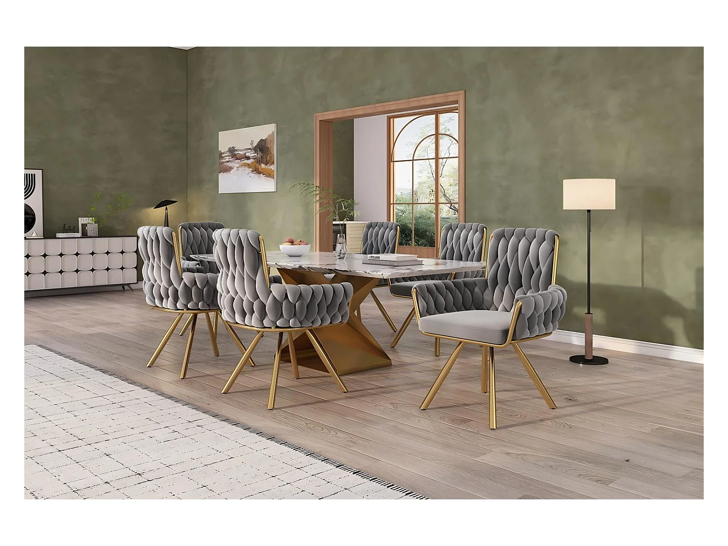 6Pcs Chaise pivotante en velours, avec accoudoirs et pieds en métal, dossier spacieux, Gris, 63x50x87cm