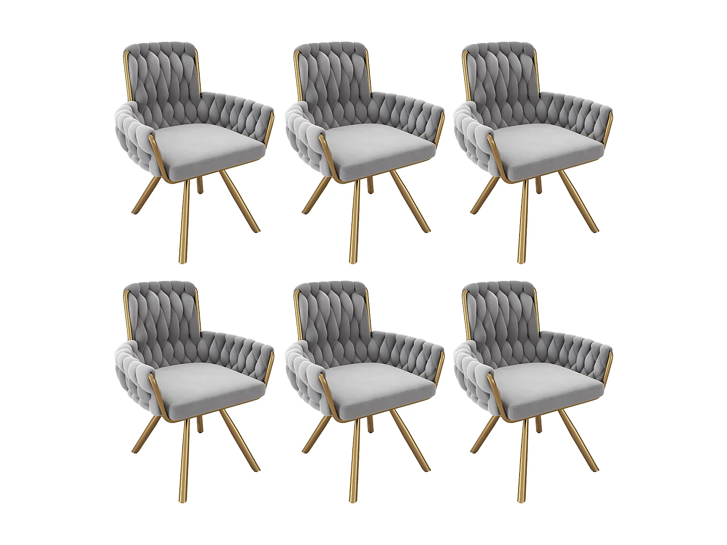6Pcs Chaise pivotante en velours, avec accoudoirs et pieds en métal, dossier spacieux, Gris, 63x50x87cm
