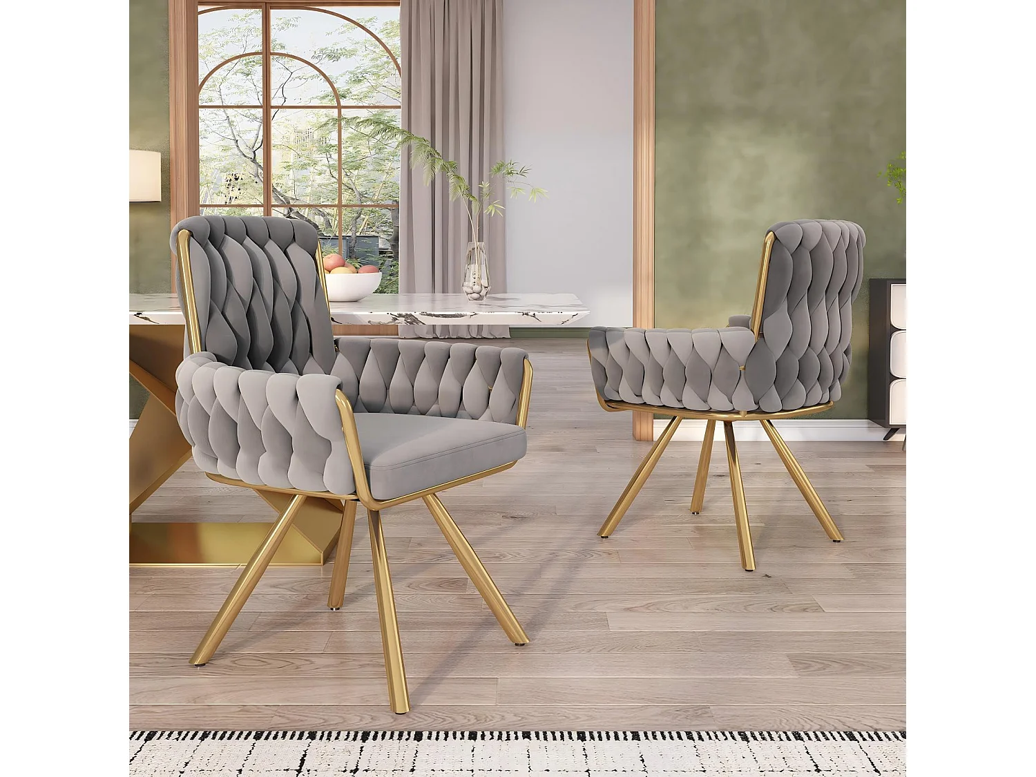 6Pcs Chaise pivotante en velours, avec accoudoirs et pieds en métal, dossier spacieux, Gris, 63x50x87cm
