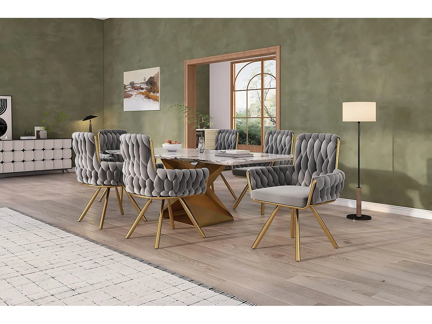 6Pcs Chaise pivotante en velours, avec accoudoirs et pieds en métal, dossier spacieux, Gris, 63x50x87cm