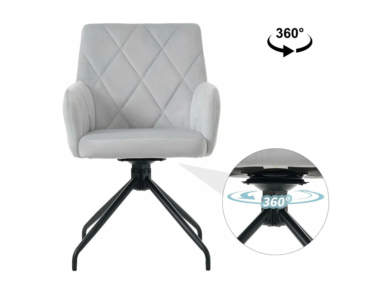 Set van 4 draaibare stoelen van fluweel, diamantmotief, met armleuningen, lendensteun, 60x45x85cm, Grijs