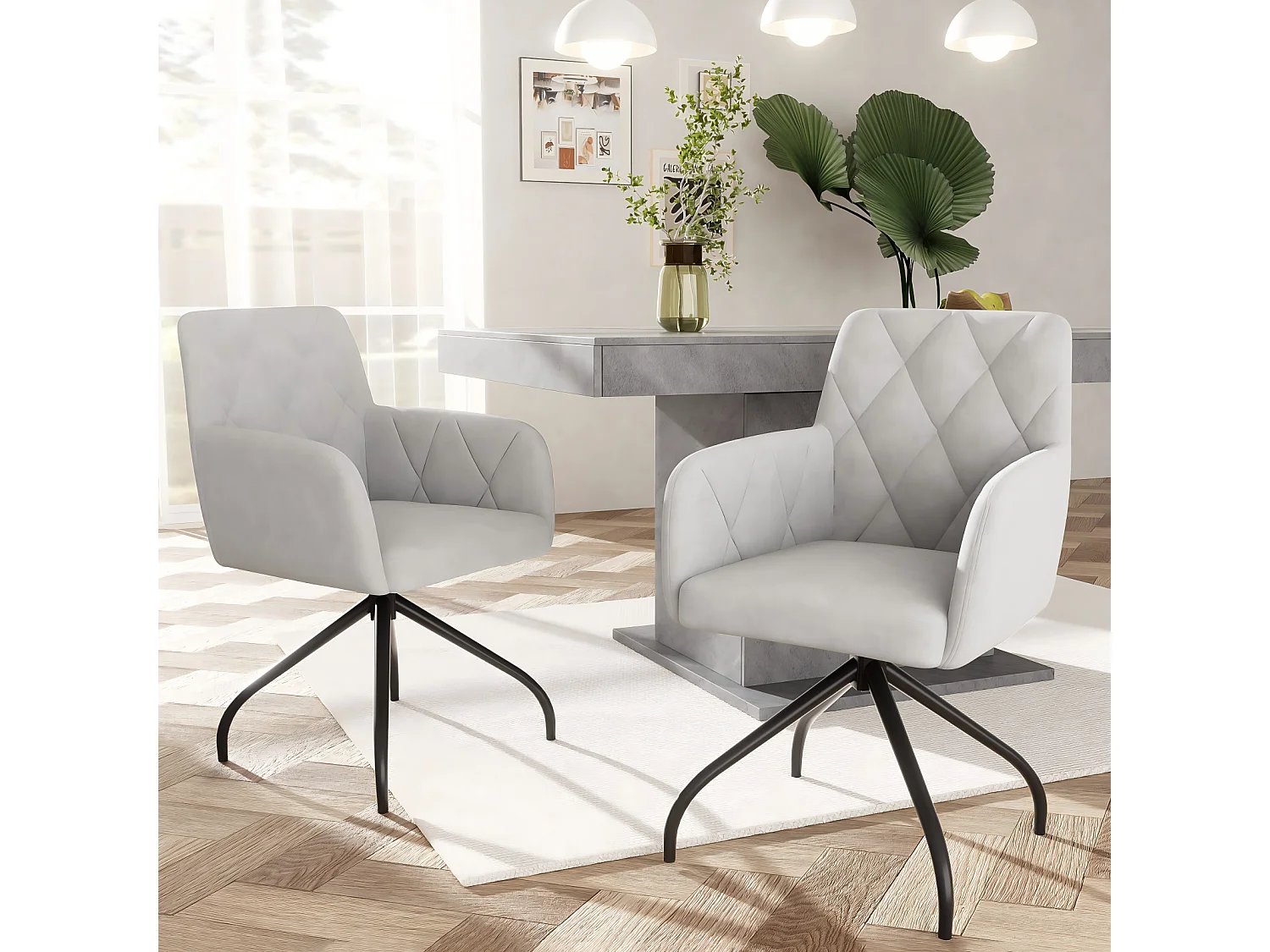 Set van 4 draaibare stoelen van fluweel, diamantmotief, met armleuningen, lendensteun, 60x45x85cm, Grijs