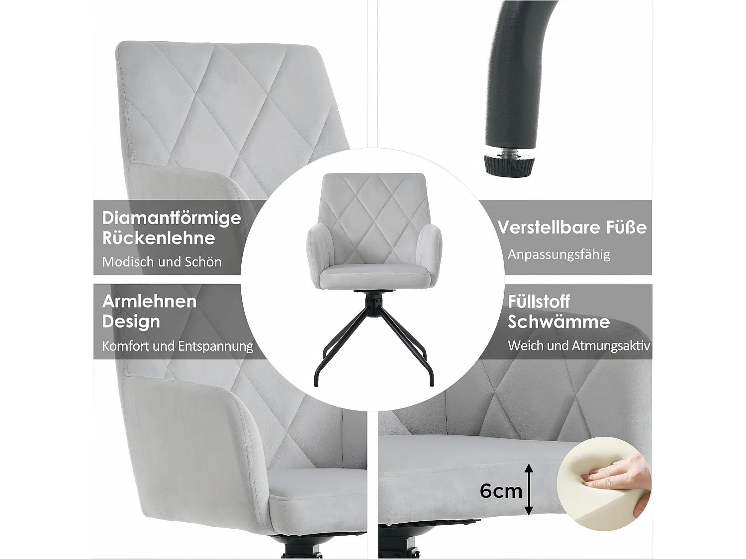 Set van 4 draaibare stoelen van fluweel, diamantmotief, met armleuningen, lendensteun, 60x45x85cm, Grijs