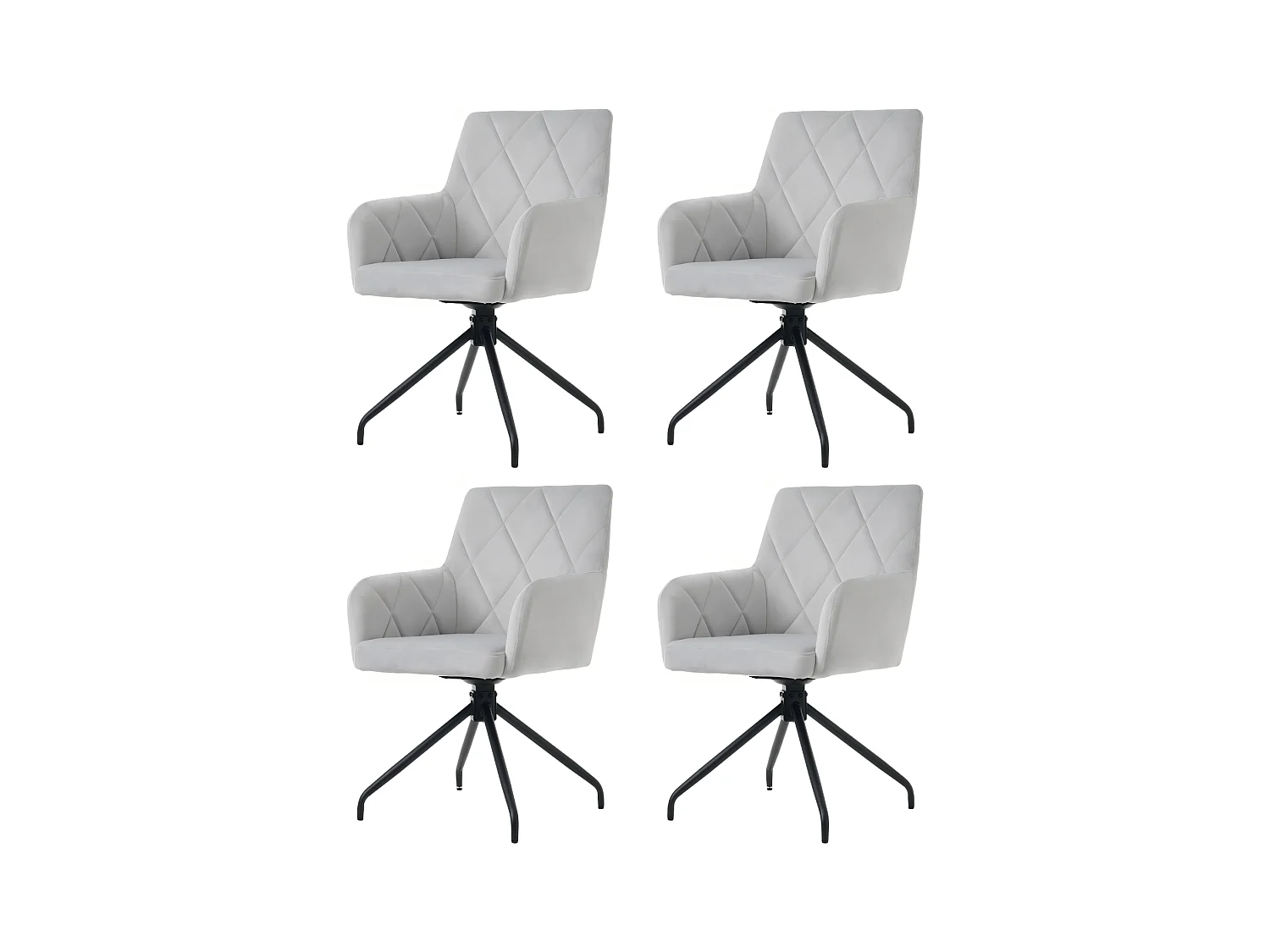 Conjunto de 4 cadeiras de veludo giratória, padrão de diamante, com apoios de braços, suporte lombar, 60x45x85cm, cinza