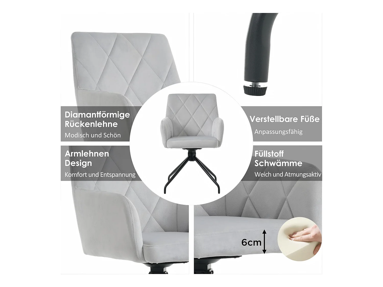 Set van 4 draaibare stoelen van fluweel, diamantmotief, met armleuningen, lendensteun, 60x45x85cm, Grijs