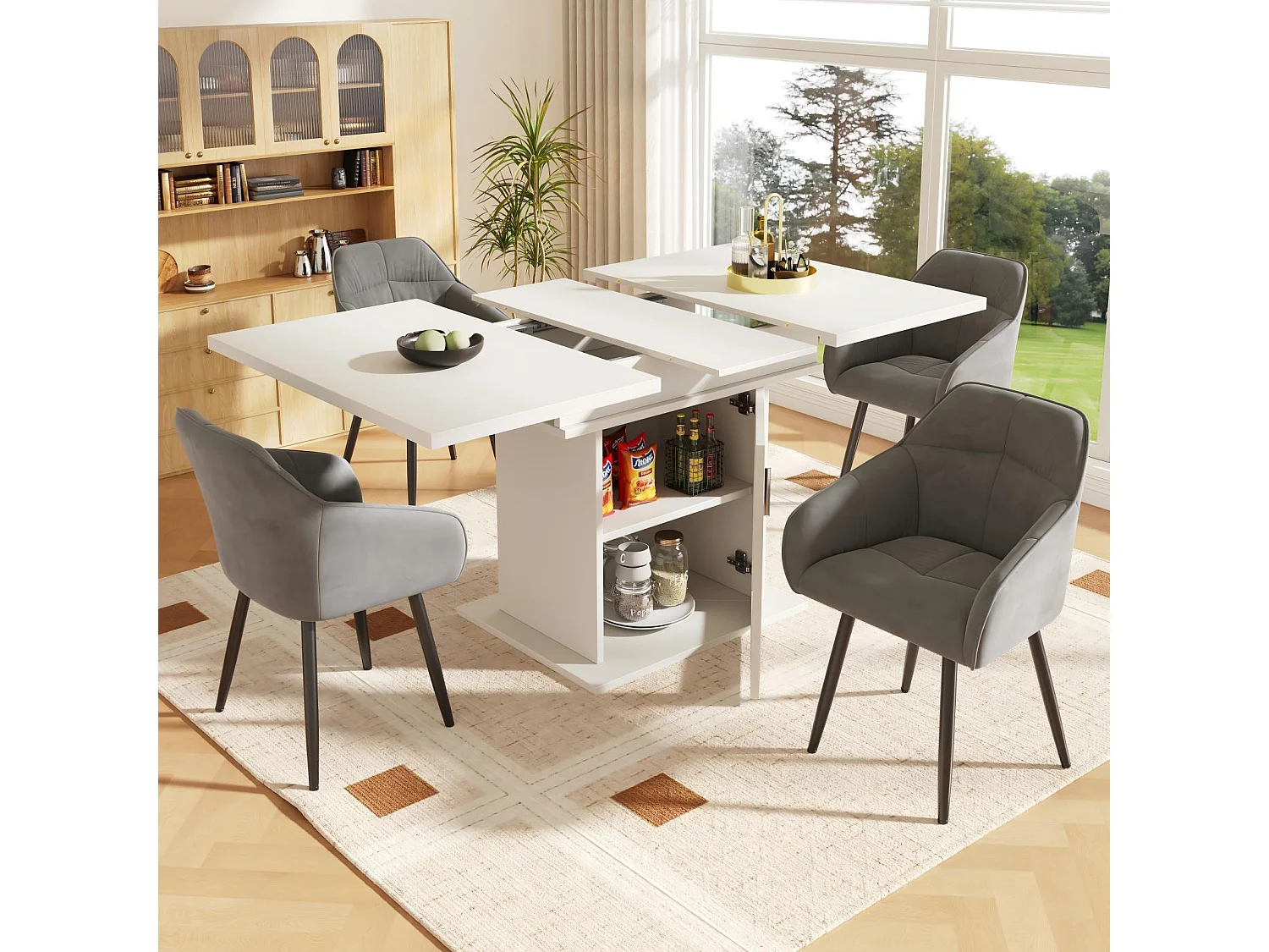 Table à manger extensible avec 4 chaises, 6 à 8 personnes, avec espace de rangement, 110/140x80x76cm