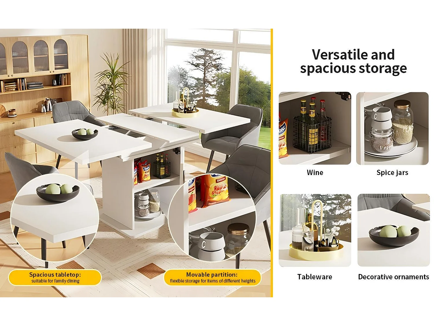Table à manger extensible avec 4 chaises, 6 à 8 personnes, avec espace de rangement, 110/140x80x76cm