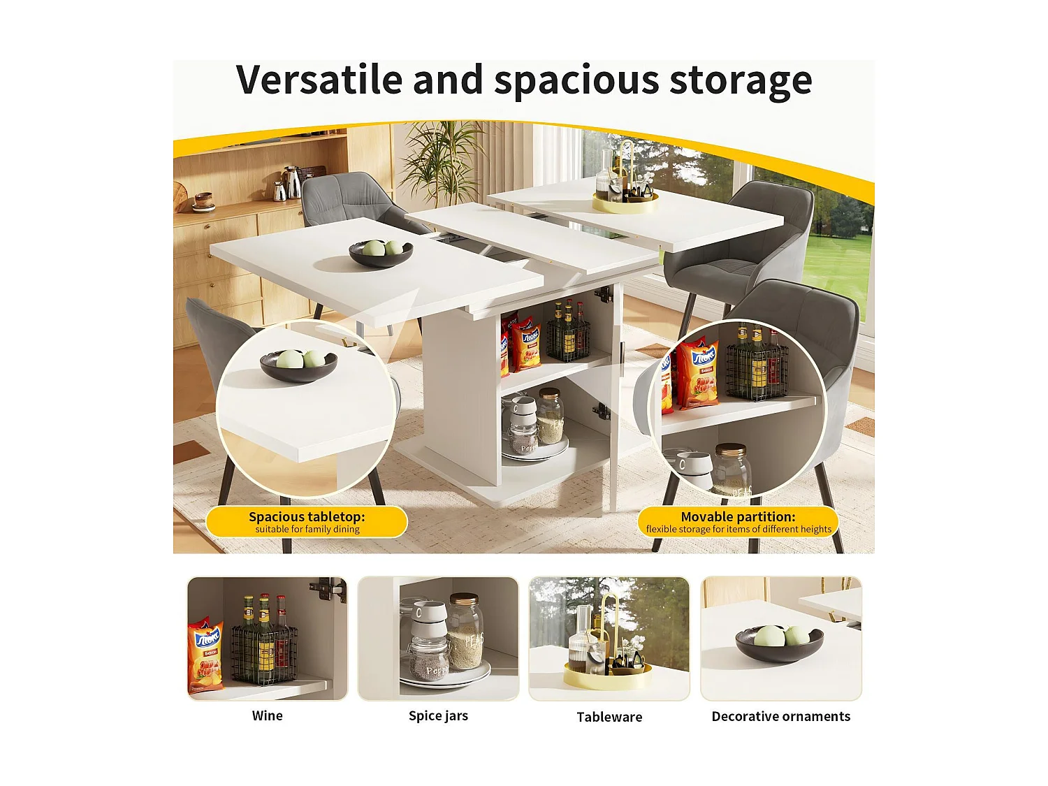 Table à manger extensible avec 4 chaises, 6 à 8 personnes, avec espace de rangement, 110/140x80x76cm