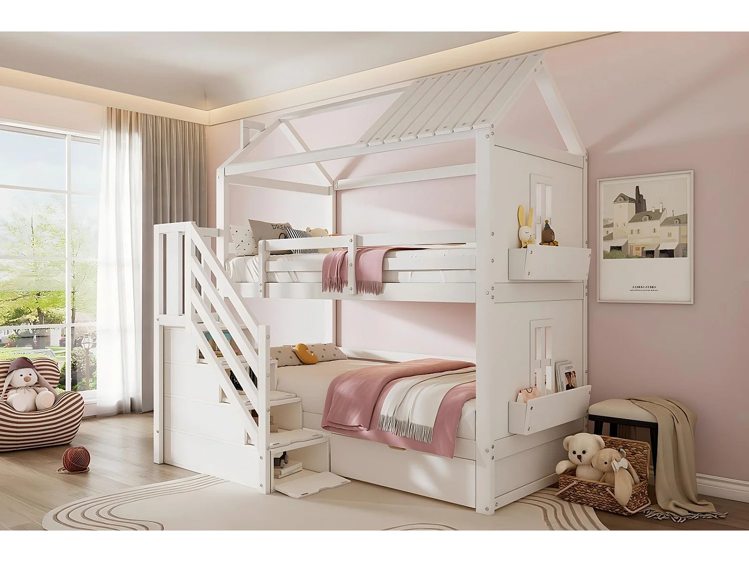 Letti a castello di cabina, 2x90x200 cm, con scale di spazio di archiviazione e cassetti e scaffali