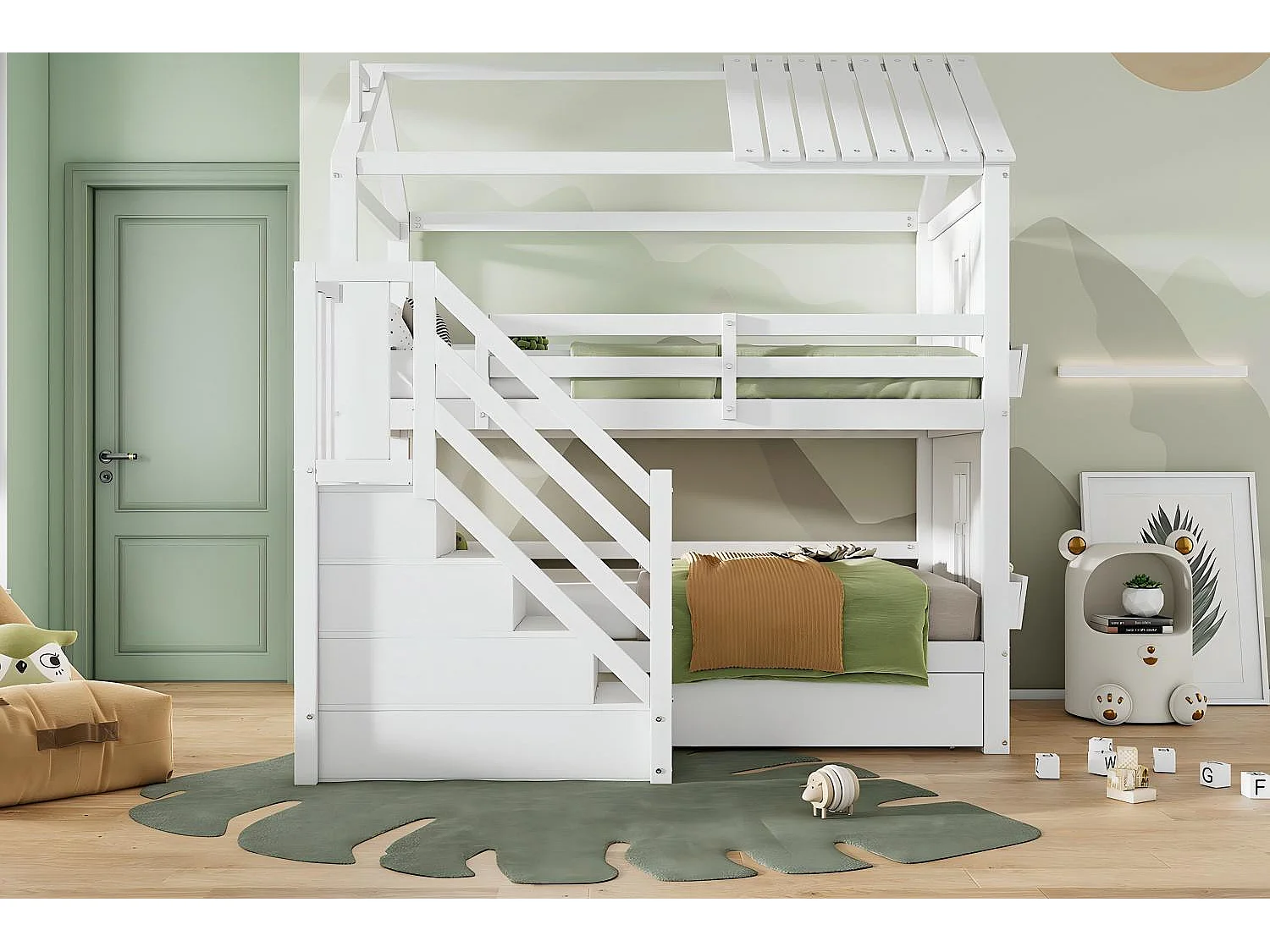 Letti a castello di cabina, 2x90x200 cm, con scale di spazio di archiviazione e cassetti e scaffali