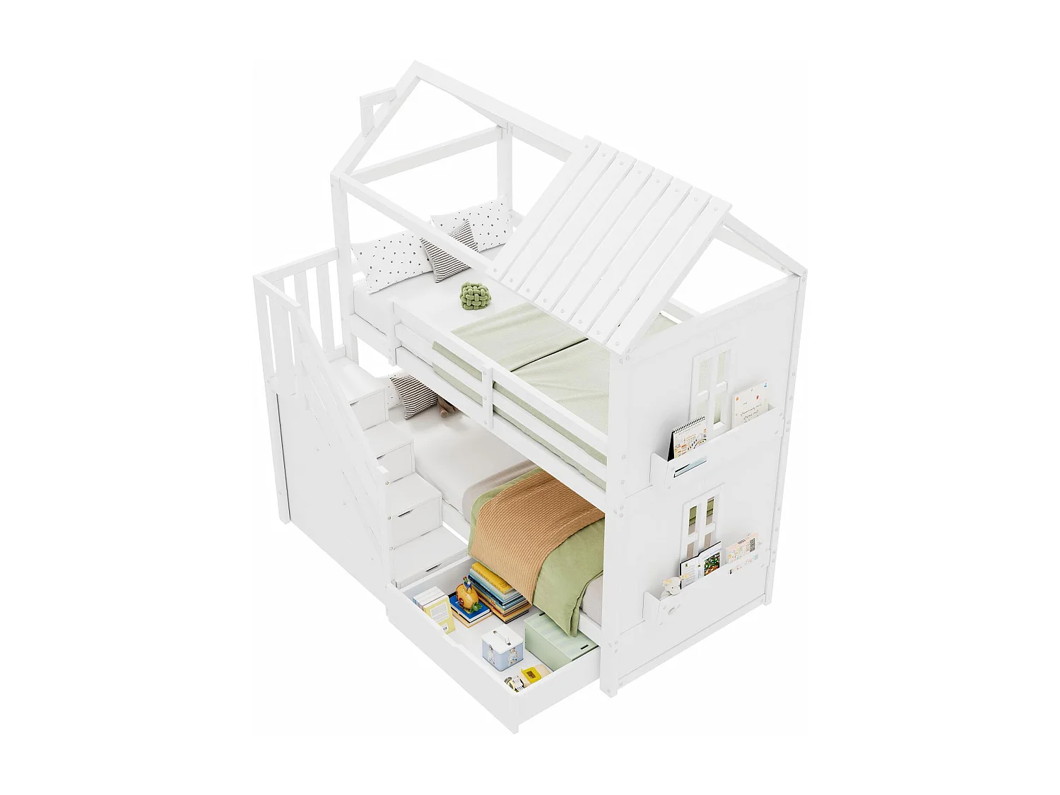 Letti a castello di cabina, 2x90x200 cm, con scale di spazio di archiviazione e cassetti e scaffali