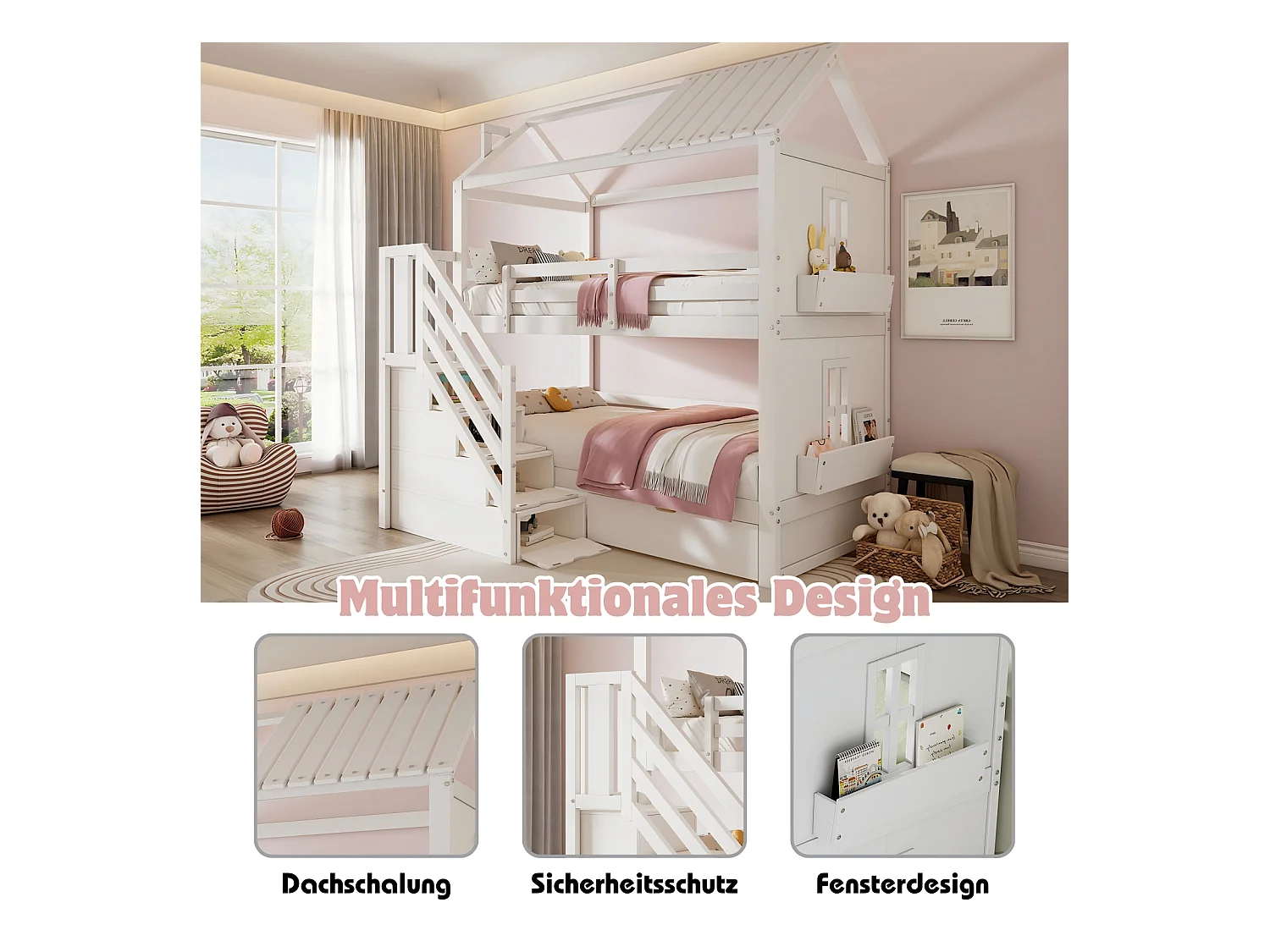 Letti a castello di cabina, 2x90x200 cm, con scale di spazio di archiviazione e cassetti e scaffali