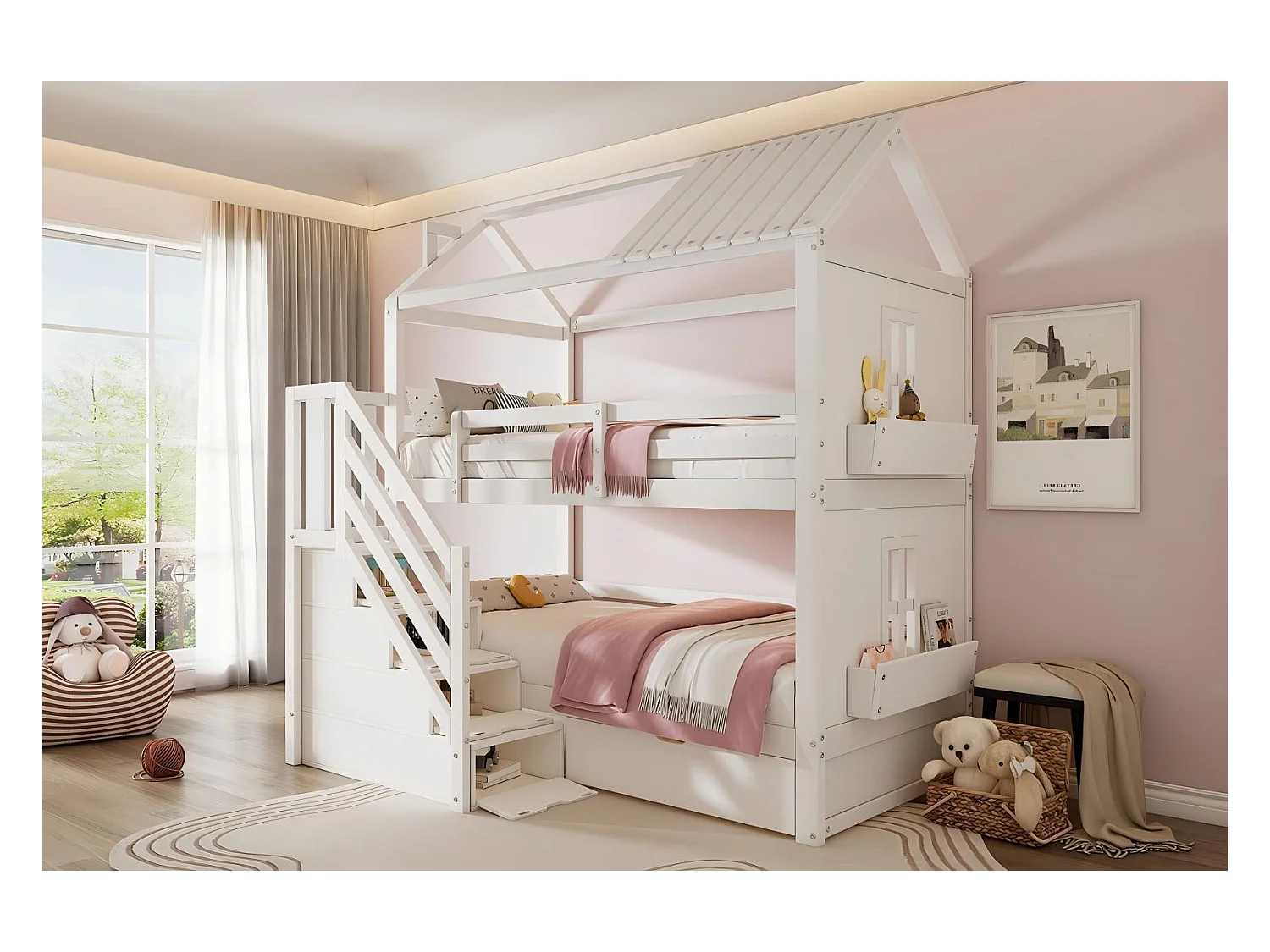 Lits superposés cabane, 2x90x200cm, avec espace de rangement escaliers et tiroirs et étagères
