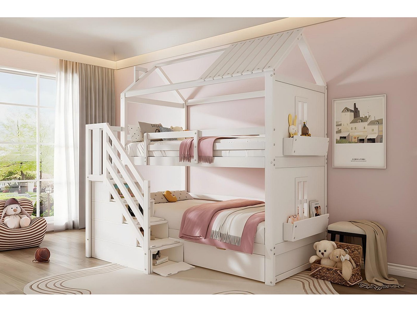 Lettino Multifunzione In Legno Con Scale E Armadi – 90x200 Cm – Bianco – Cassetti Reversibili Che Diventano Scrivania