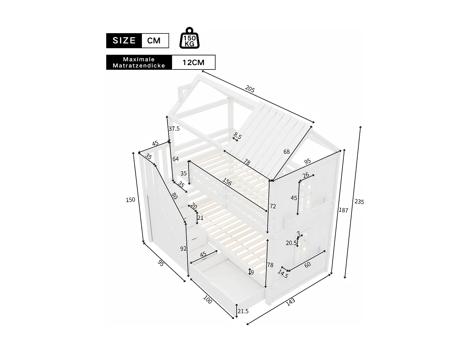 Kabine Etagenbetten, 2x90x200 cm, mit Stauraumtreppen, Schubladen und Regalen