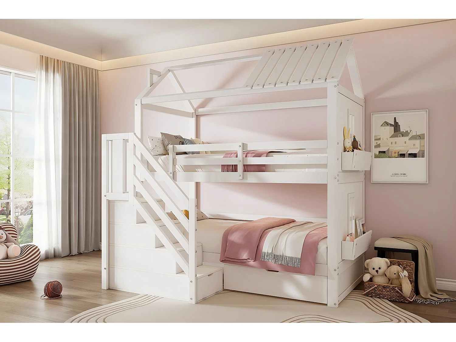 Kabine Etagenbetten, 2x90x200 cm, mit Stauraumtreppen, Schubladen und Regalen