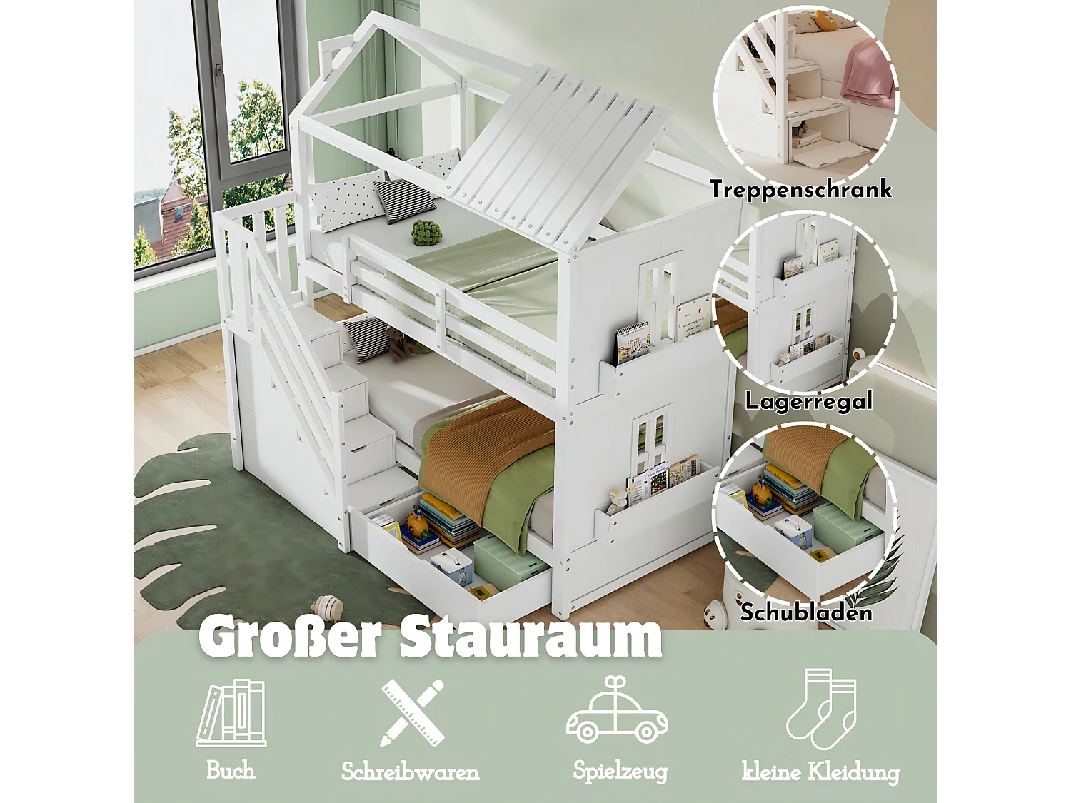 Kabine Etagenbetten, 2x90x200 cm, mit Stauraumtreppen, Schubladen und Regalen