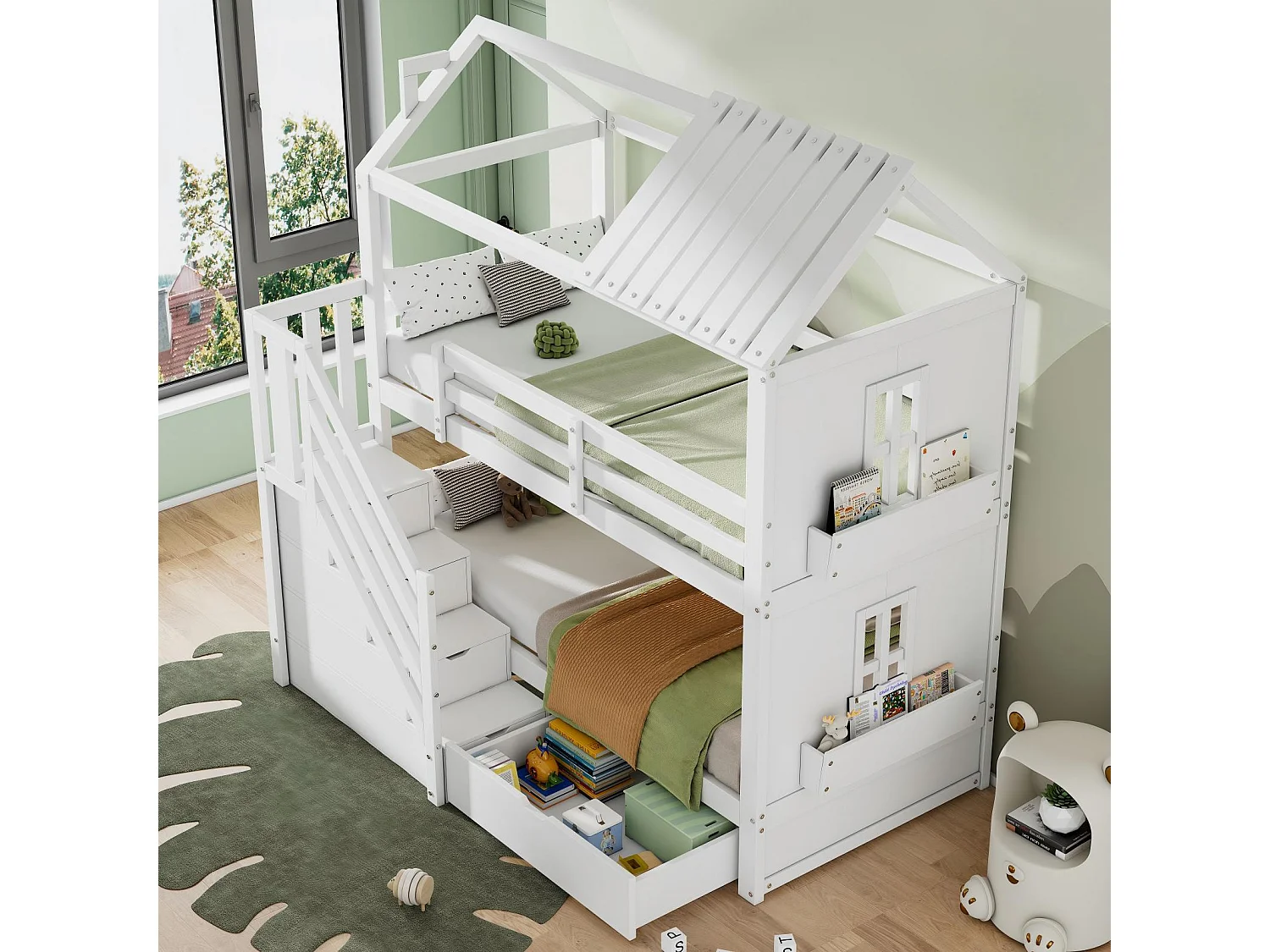 Kabine Etagenbetten, 2x90x200 cm, mit Stauraumtreppen, Schubladen und Regalen