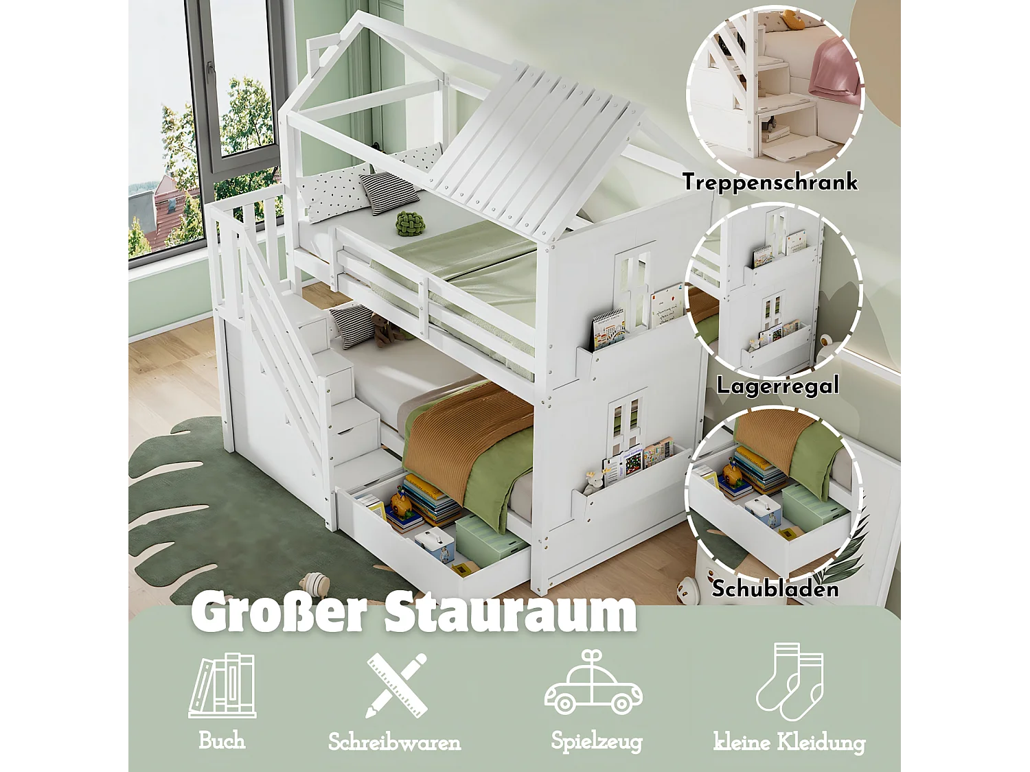 Letti a castello di cabina, 2x90x200 cm, con scale di spazio di archiviazione e cassetti e scaffali