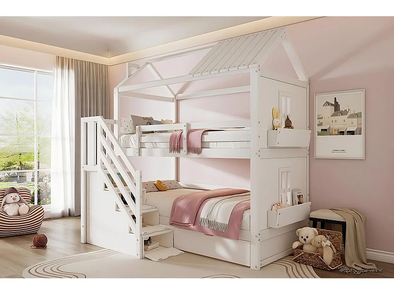 Lits superposés cabane, 2x90x200cm, avec espace de rangement escaliers et tiroirs et étagères