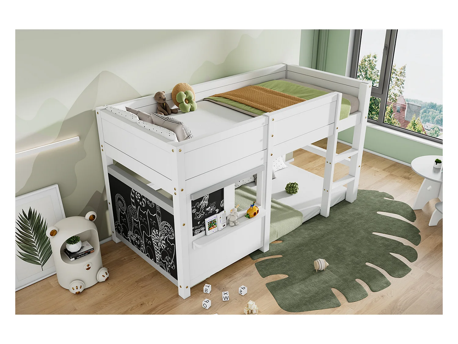 Skandinavisches Bett für Kinder mit zwei Graffitistenbrettern, 3 Treppen, 90x200 cm