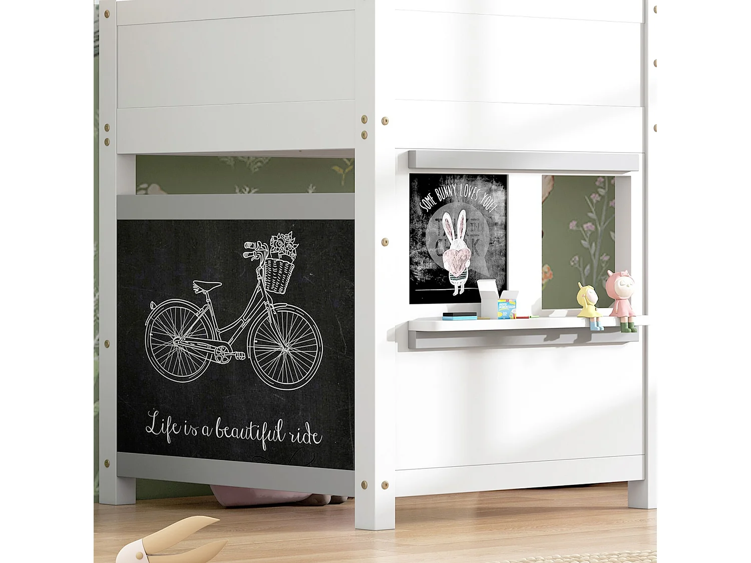 Lit mi-hauteur scandinave pour enfant, avec deux planches graffitistes, 3 escaliers, 90x200cm