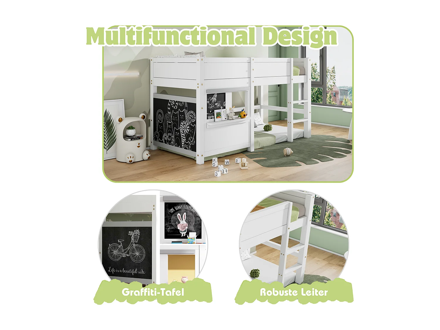 Lit mi-hauteur scandinave pour enfant, avec deux planches graffitistes, 3 escaliers, 90x200cm