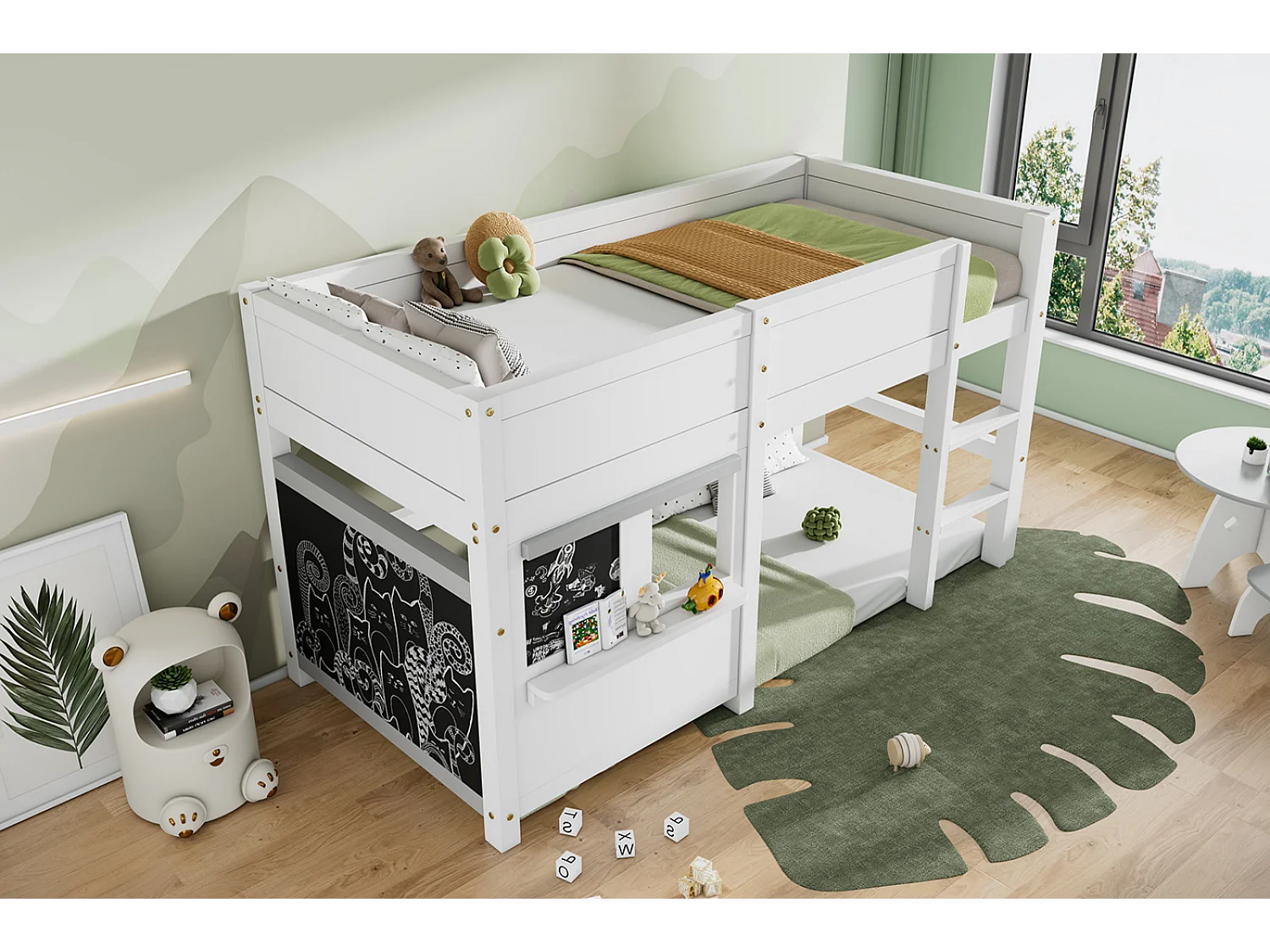 Scandinavisch halverhoog bed voor kinderen, met twee graffitiplanken, 3 trappen, 90x200cm