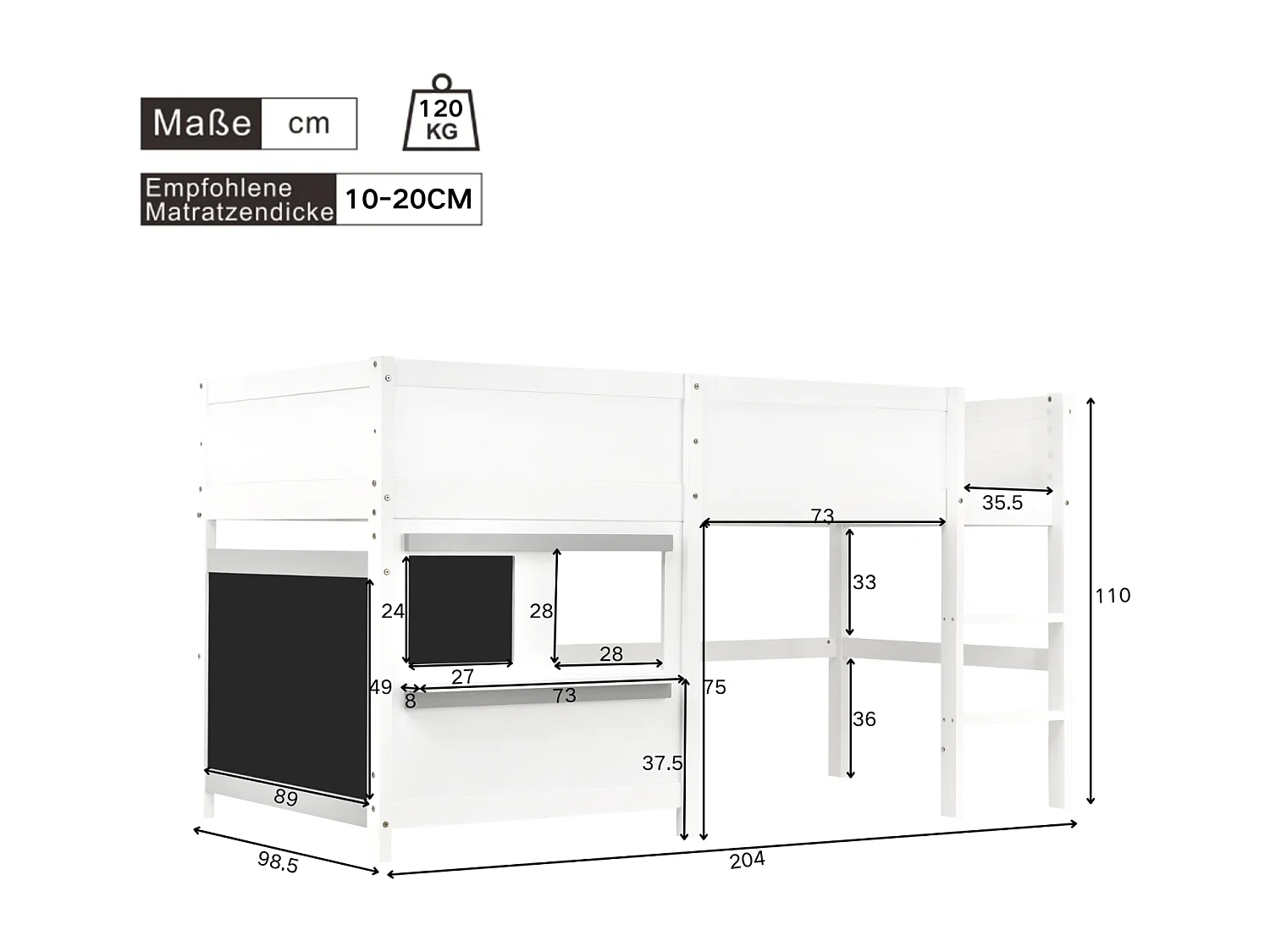 Scandinavisch halverhoog bed voor kinderen, met twee graffitiplanken, 3 trappen, 90x200cm