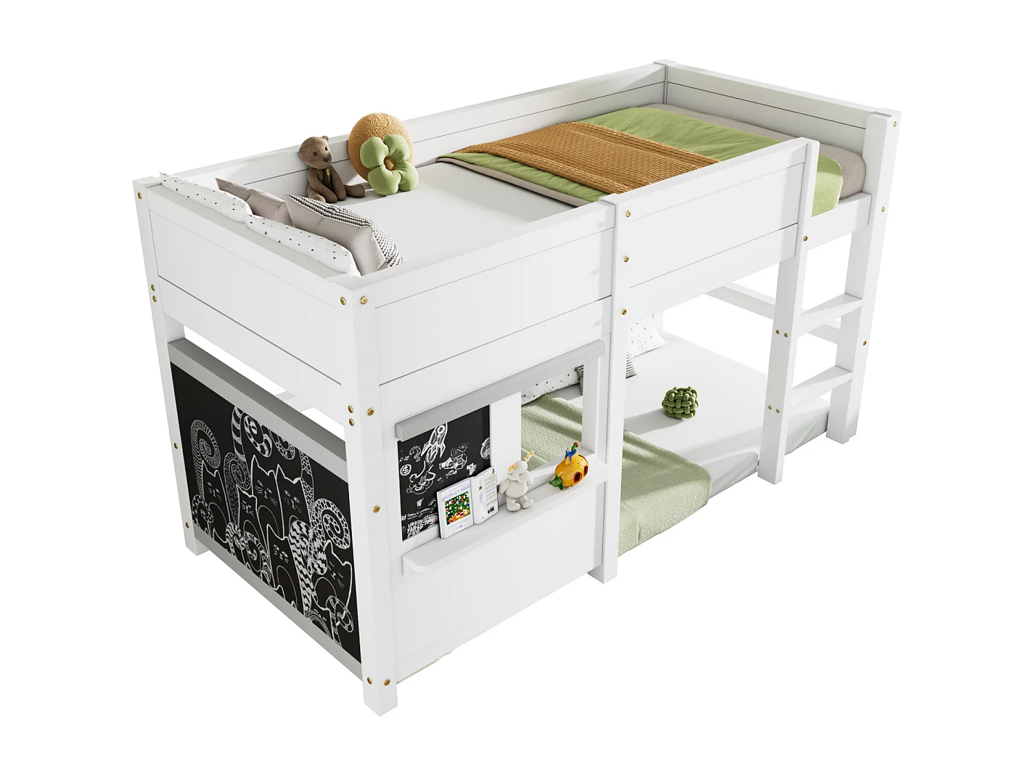 Scandinavisch halverhoog bed voor kinderen, met twee graffitiplanken, 3 trappen, 90x200cm