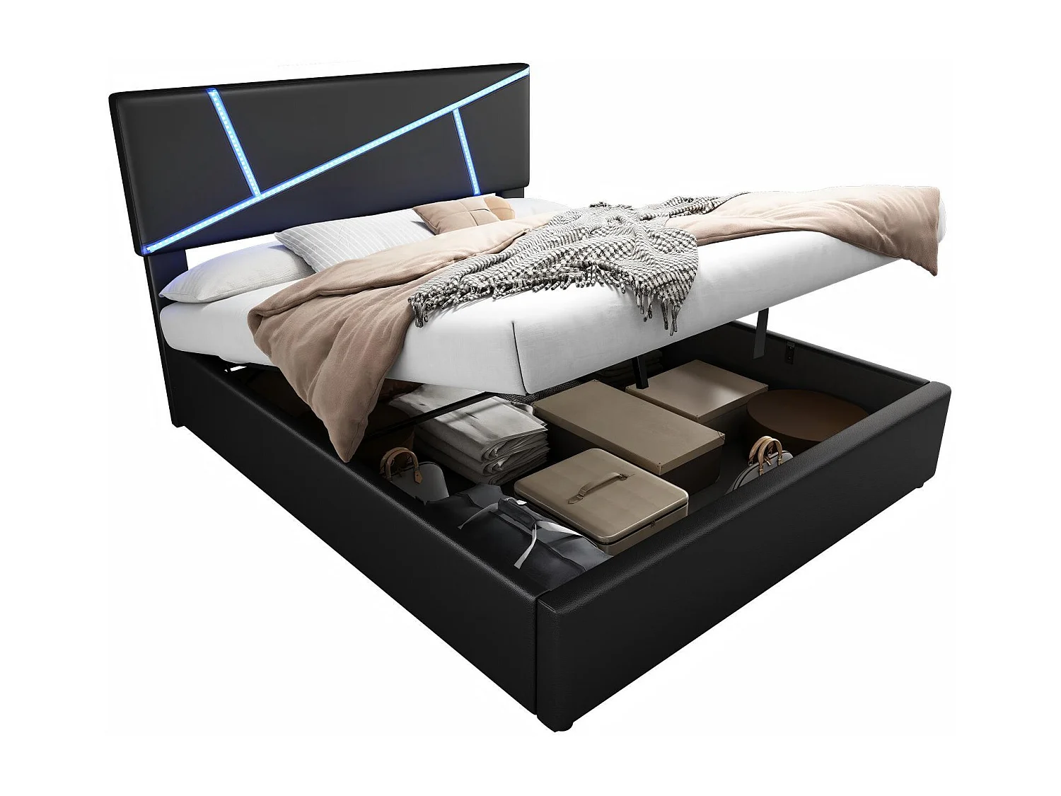 Letti toracico da 90x200 cm, pelle sintetica, con strisce di luce a LED, telaio a stecca, nero