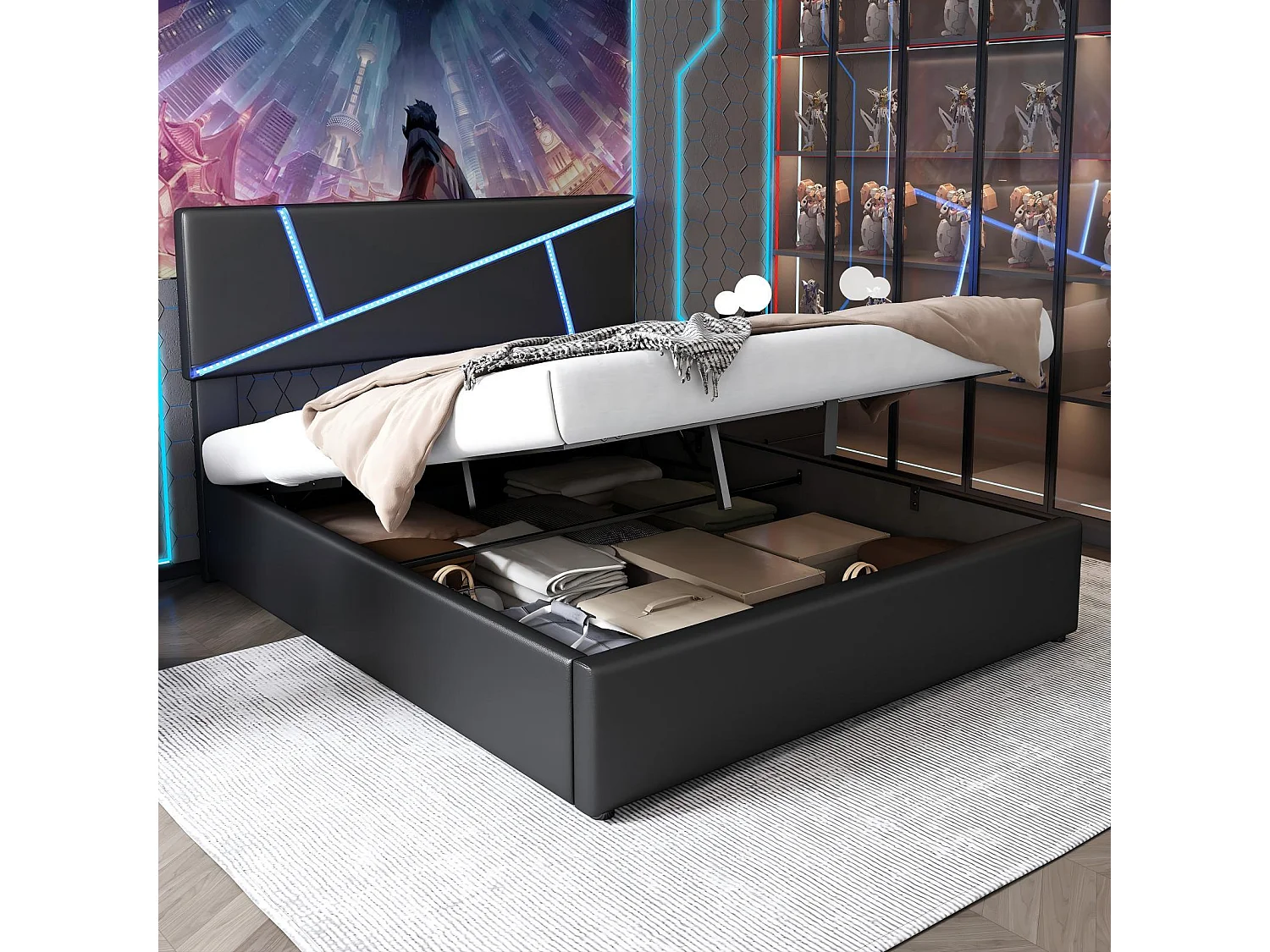 Letti toracico da 90x200 cm, pelle sintetica, con strisce di luce a LED, telaio a stecca, nero