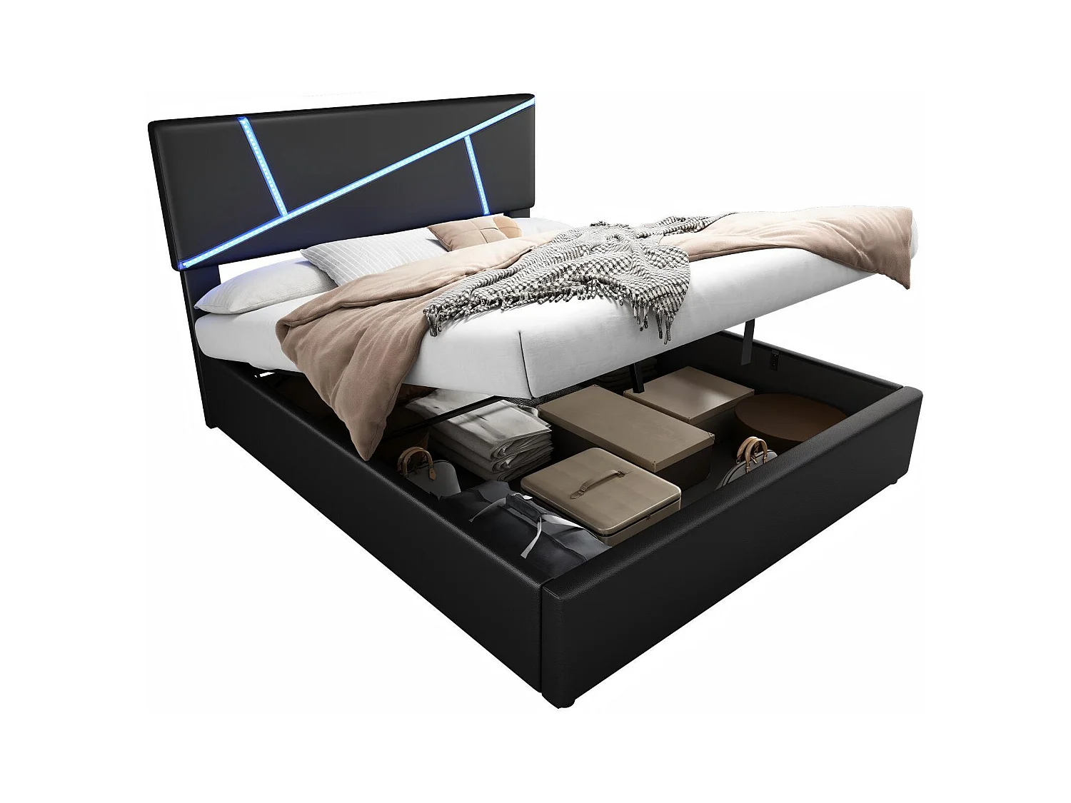 90x200 cm Brustbett, synthetisches Leder, mit LED -Licht, Lattenrahmen, schwarz