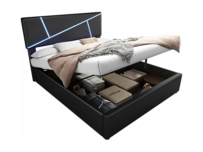 Lit coffre 90x200cm, cuir synthétique, avec bandes de lumière LED, cadre à lattes, Noir