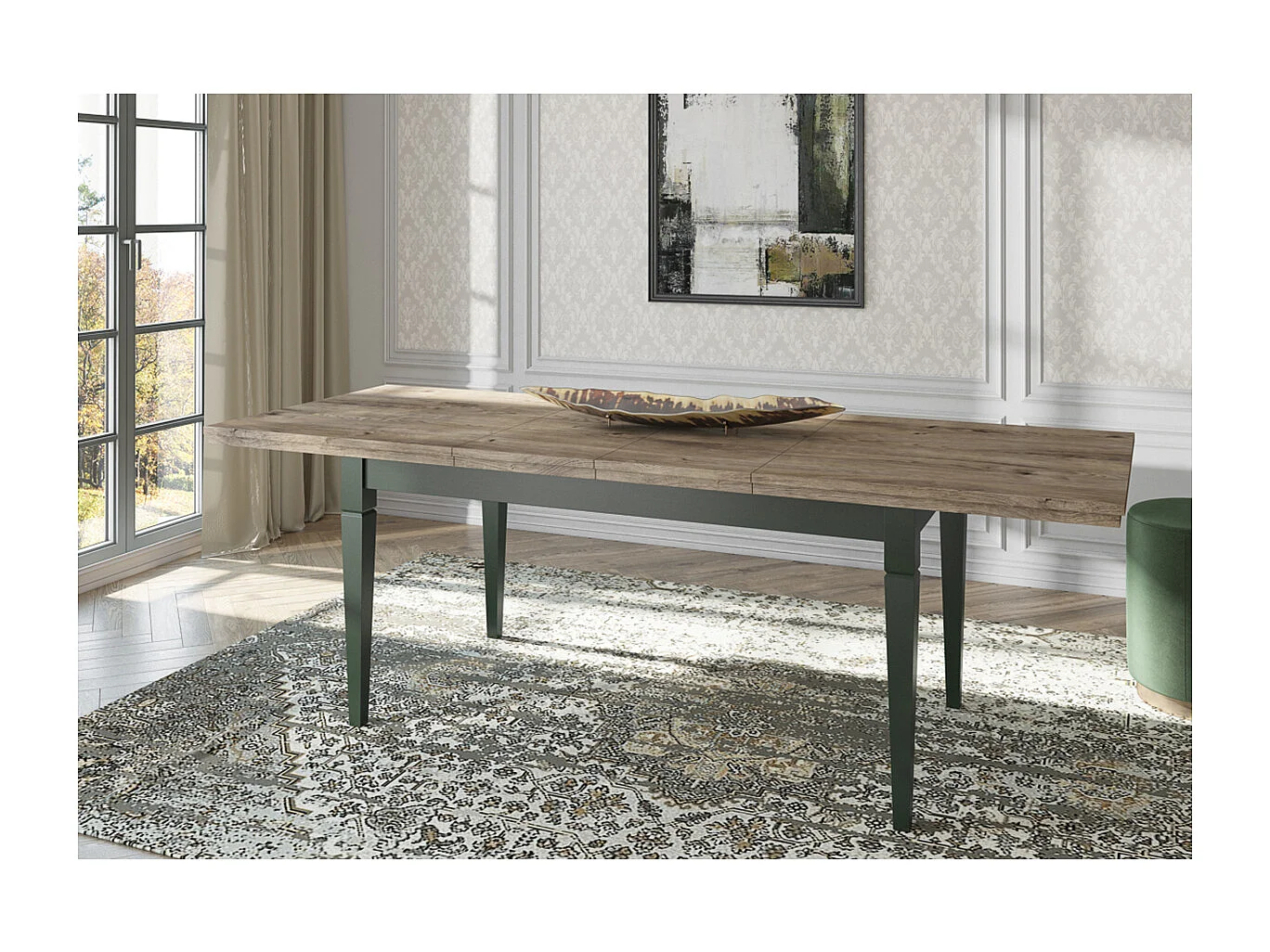 Table à manger extensible 6 à 8 places Martin Vert et Bois